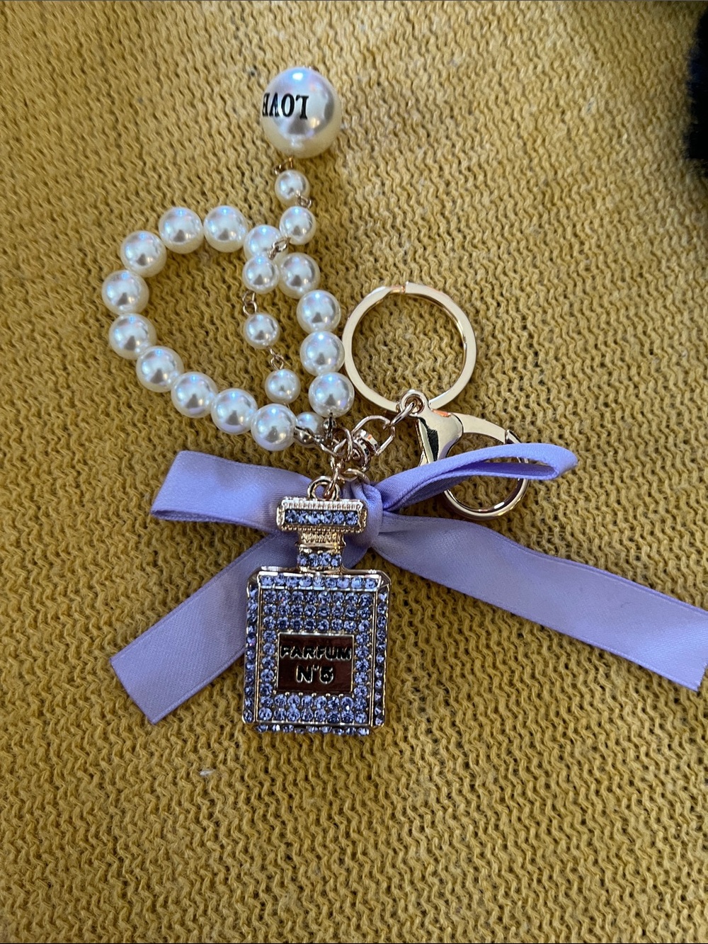 Gold-Tone Pearl & Lavender Ribbon Perfume Bottle Keychain